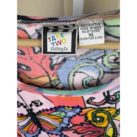 Y2K Take Two Clothing Co Embellished Floral Butterfly Top XL Colorful Beaded Tee - Picture 4 of 7